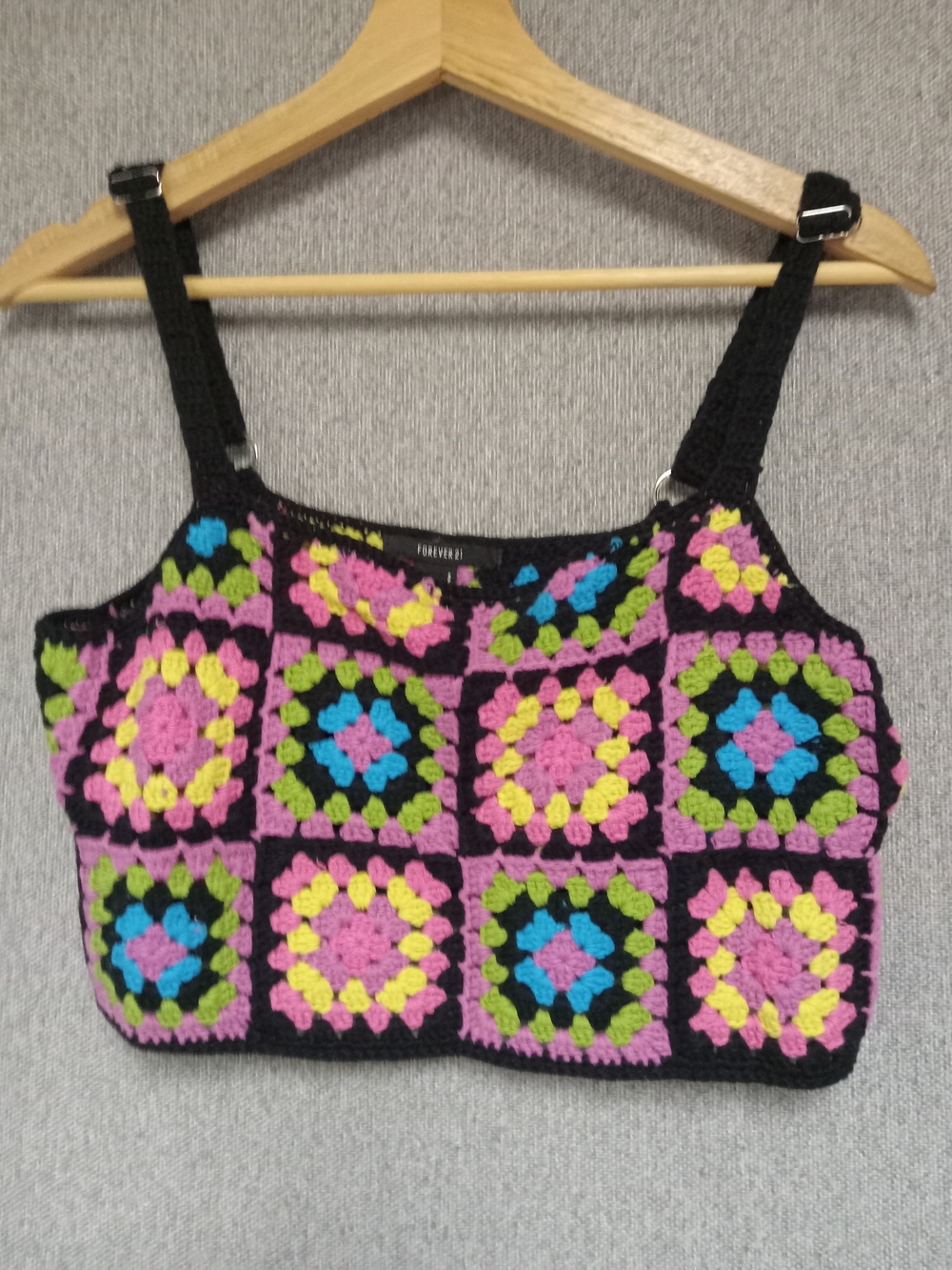 Forever 21 Black Crochet Patchwork Crop Top with Pink, Yellow, Green & Blue